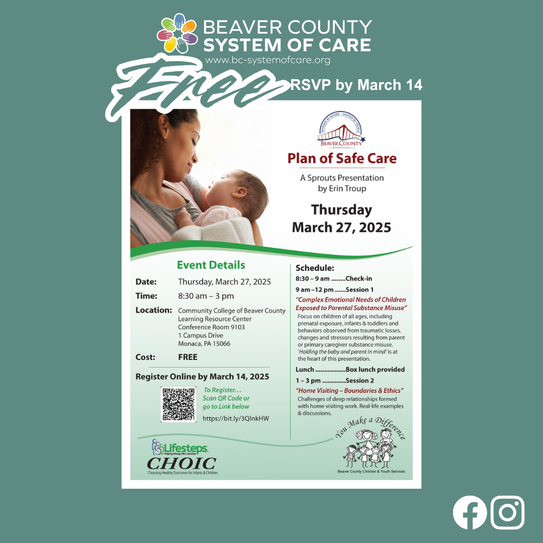 Plan of Safe Care + Lifesteps + Sprouts + FREE event + Beaver County Thurs., March 27, 2025